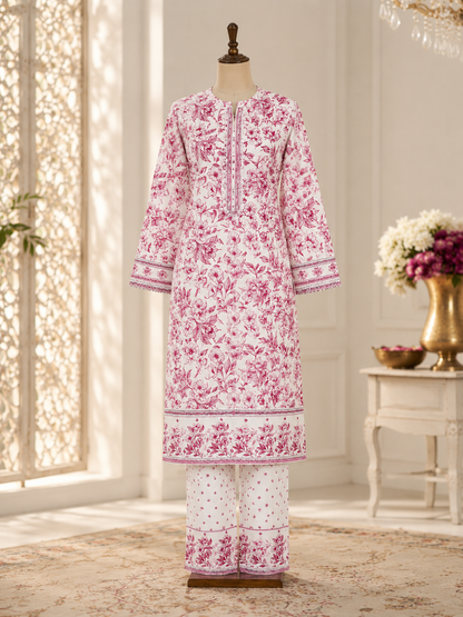 Pink Floral Outline Cotton Suit with Matching Salwar