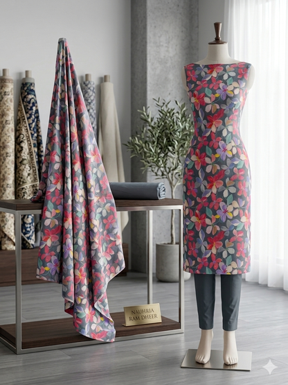 Slate Grey Floral Cotton Suit with Matching Salwar