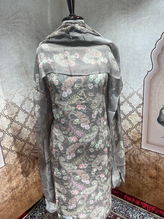 Charcoal Grey Floral Paisley Suit with Dupatta