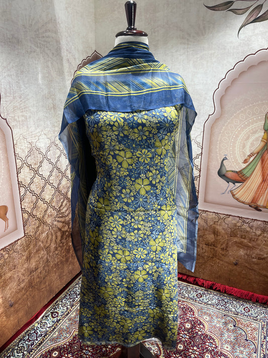 Navy Blue & Lime Floral Suit with Dupatta