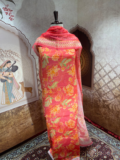 Coral Red Floral Print Suit with Dupatta