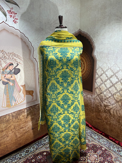 Mustard Yellow Damask Print Suit with Dupatta