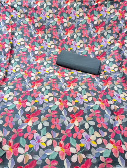 Slate Grey Floral Cotton Suit with Matching Salwar