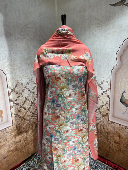 Coral Floral Cotton Suit with Dupatta