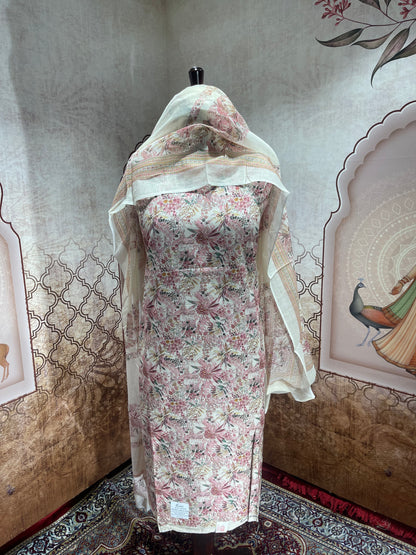 Ivory Pink Floral Cotton Suit with Dupatta