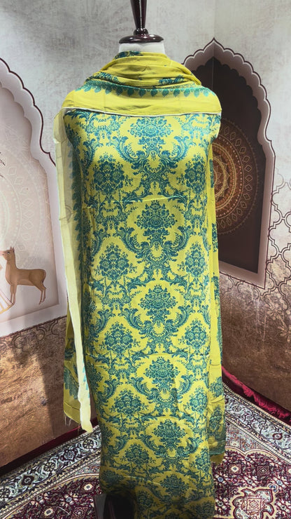 Mustard Yellow Damask Print Suit with Dupatta