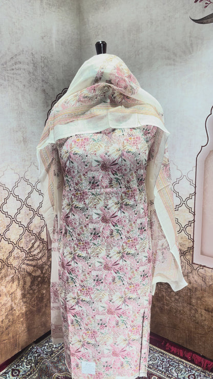 Ivory Pink Floral Cotton Suit with Dupatta