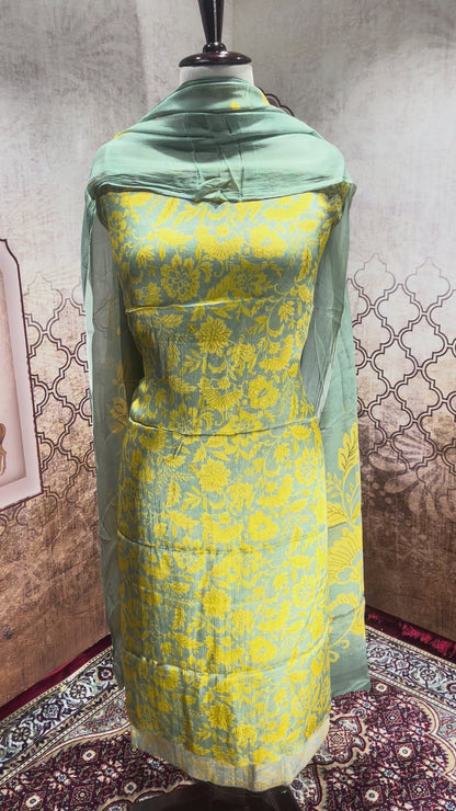 Sage Green & Mustard Floral Suit with Dupatta