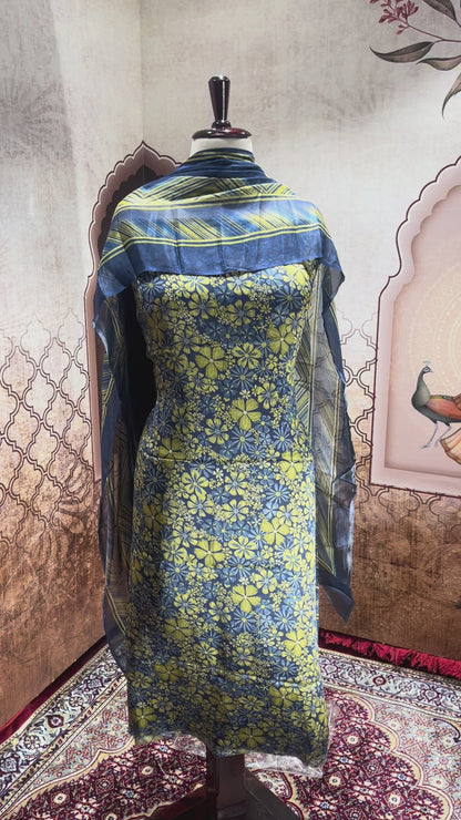Navy Blue & Lime Floral Suit with Dupatta