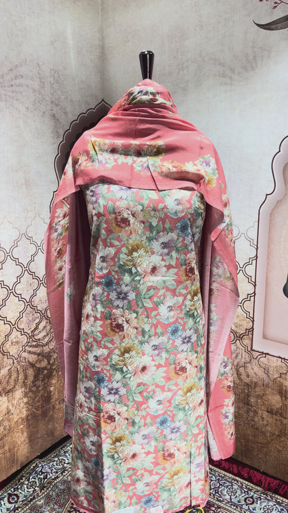 Coral Floral Cotton Suit with Dupatta