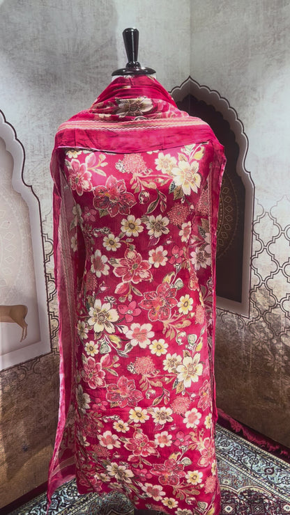 Cherry Red Garden Floral Suitwith Dupatta