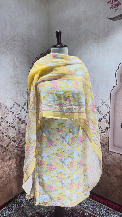Pastel Yellow Floral Cotton Suit with Dupatta