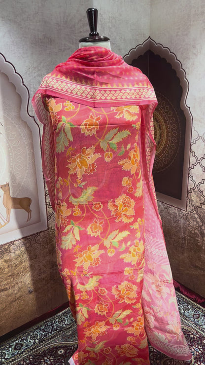 Coral Red Floral Print Suit with Dupatta