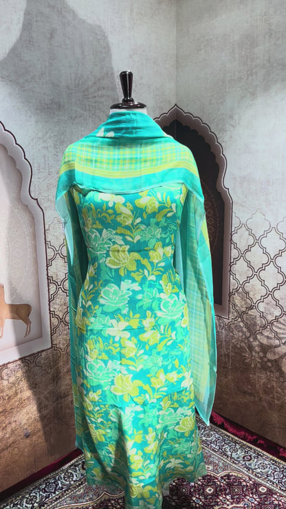 Turquoise Blue Floral Suit with Dupatta