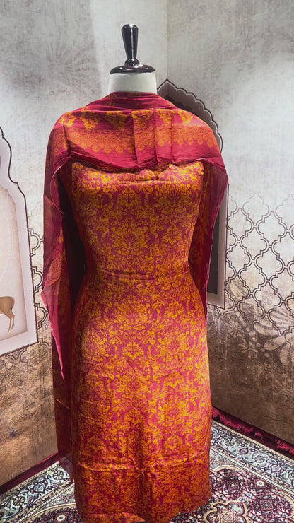 Crimson Red & Burnt Orange Brocade Suit with Dupatta