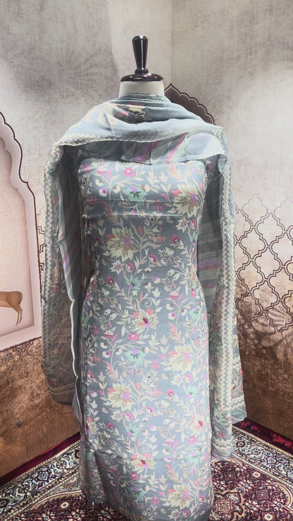 Grey Blue Bloom Print Suit with Dupatta